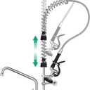 Commercial Sink Faucet with Pre-Rinse Sprayer -Height Adjustable (33-43 inch) Wall Mount Industrial Kitchen Faucet 8 inch Center with Pre-Rinse Sprayer and 12 Inch Swivel Spout