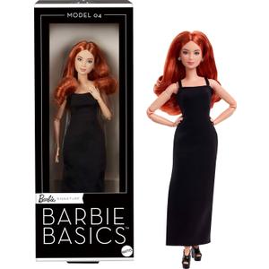 Barbie Basics Model 04 Collector Doll with Red Curly Hair, Black Mini Dress & Boots, Universal-fit Fashions, Posable Petite Body & Swappable Doll Head (Red Hair)