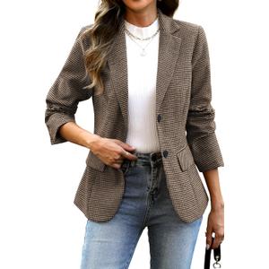 ELLEVEN Women's Lapel Collar Plaid 2 Button Boyfriend Blazer Suit Houndstooth Work Office Blazer Jacket, M