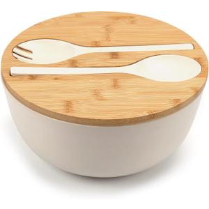 ShineMe Large Salad Bowl with Lid, Bamboo Fiber Salad Serving Bowl Set with Utensils, 9.8inches Mixing Bowl with Servers, Solid Bamboo Wooden Bowl for Candy, Salad, Fruits, Vegetables and Pasta(White)