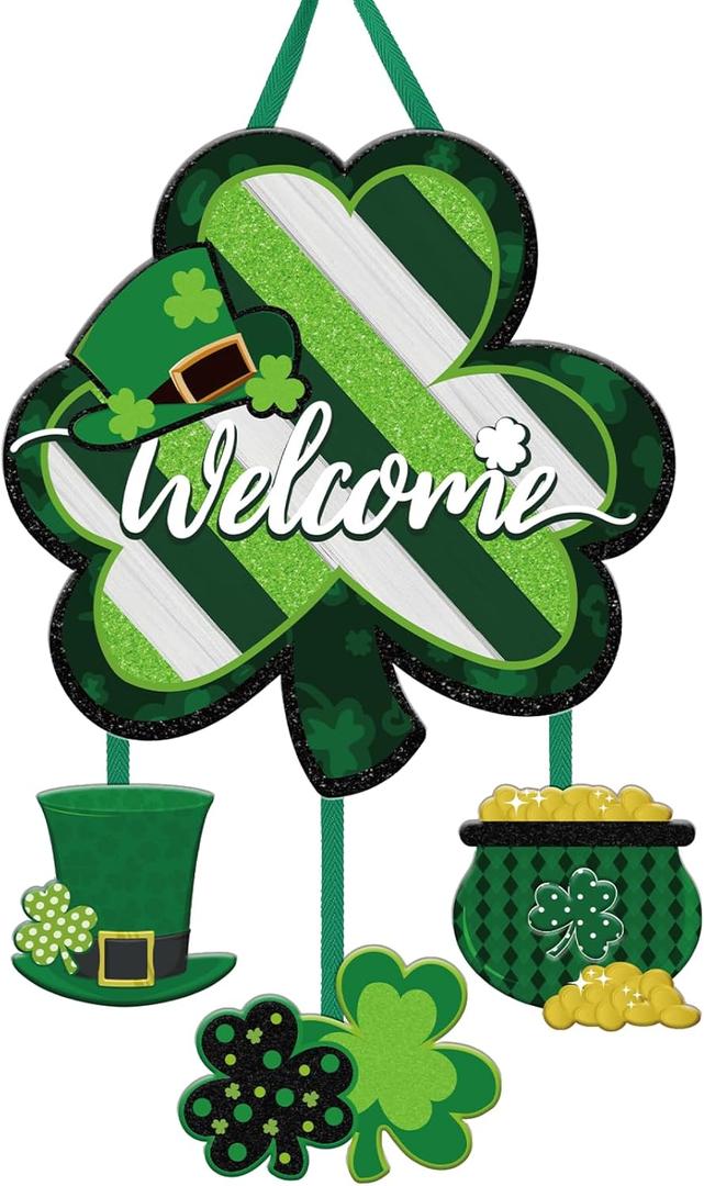 RattanView St. Patrick's Day Door Hanger Green Shamrock Welcome Door Sign Wooden Irish St Patricks Day Hanging Decorations with Rope for Front Door Wall