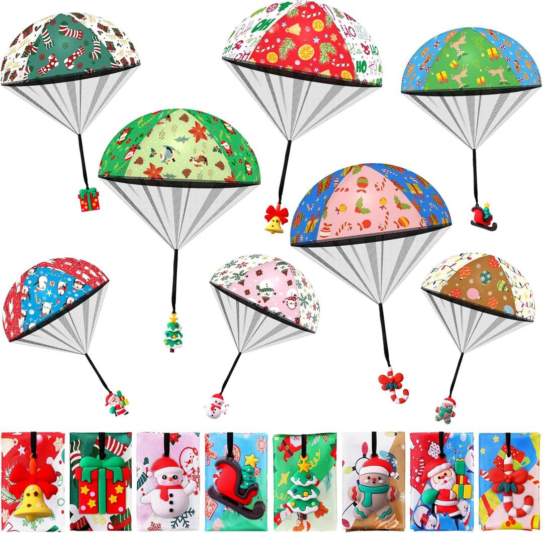 JOICEE 8 PCS Christmas Parachute Toys, Hand Throw Flying Toys Filled with Xmas Figures Stocking Stuffers for Kids Christmas Party Favors Goody Bag Filler