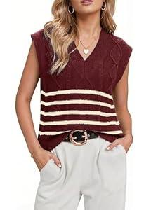 Glamaker Women Summer Striped Sweater Vest Sleeveless V Neck Knit Oversized Casual Cap Sleeve Spring Tops Trendy(Wine Red, Medium)