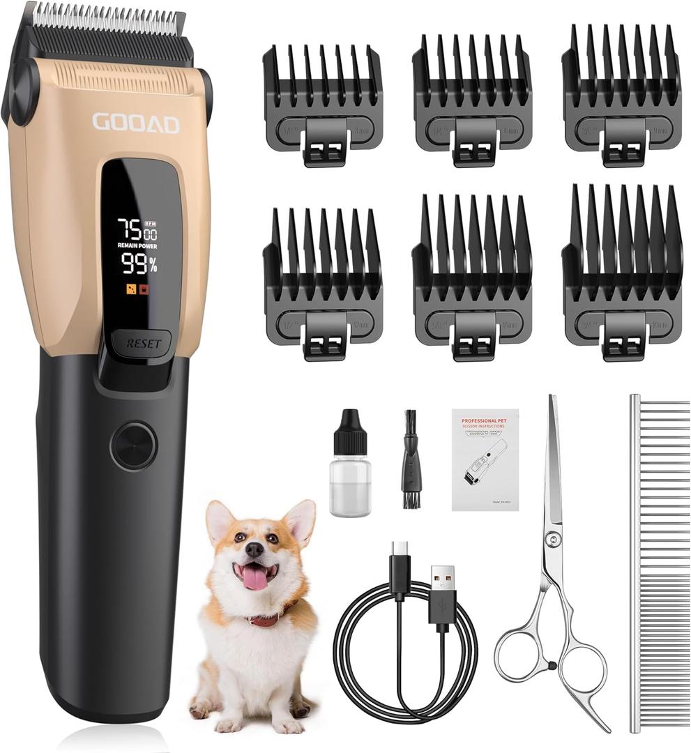 Dog Clippers for Grooming for Heavy Thick Coat, LED Light 2200mAh Dog Grooming Kit, Low Noise Hair Trimmer,Cordless Pet Hair Shaver with Stainless Steel Blade for Small and Large Dogs (Gold)