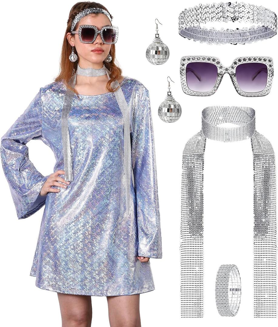 70s Disco Outfit Women, 70s Theme Disco Dress Costume Shiny Go Go Dress for Halloween Birthday Dance Party (Purple)