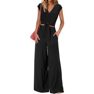 PRETTYGARDEN Women's Summer 2 Piece Outfits 2026 Cap Sleeve V Neck Belted Crop Tops Wide Leg Pant Sets Casual Tracksuit (Black, L)