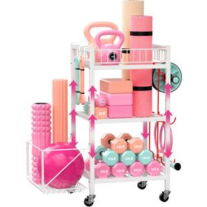 3-Tier Home Gym Storage Rack, Adjustable Yoga Mat Storage Rack, 250LBS Metal Workout Equipment Storage Cart with Large Basket & Lockable Wheels for Mats, Bands, Foam Rollers, Yoga Block (Rack Only) (White)