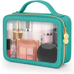 Clear Makeup Bag, Portable Travel Cosmetic Bags, Multipurpose Leather Toiletry Bag with Zipper, Waterproof Transparent Cosmetic Organizer for Women, Medium, Green