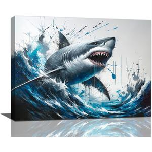 Shark Wall Art Ocean Pictures Sea Room Decor Navy Nautical Canvas Prints Modern Home Artwork Decorations Framed for Bedroom Bathroom Living Room Office 16 x 12 inch