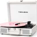 Record Player with Built-in Stereo Speakers 3-Speed Bluetooth Portable Suitcase Vinyl Record Player Treble & Bass Gain Belt Drive Vintage Turntable AUX Line-in/Out, White