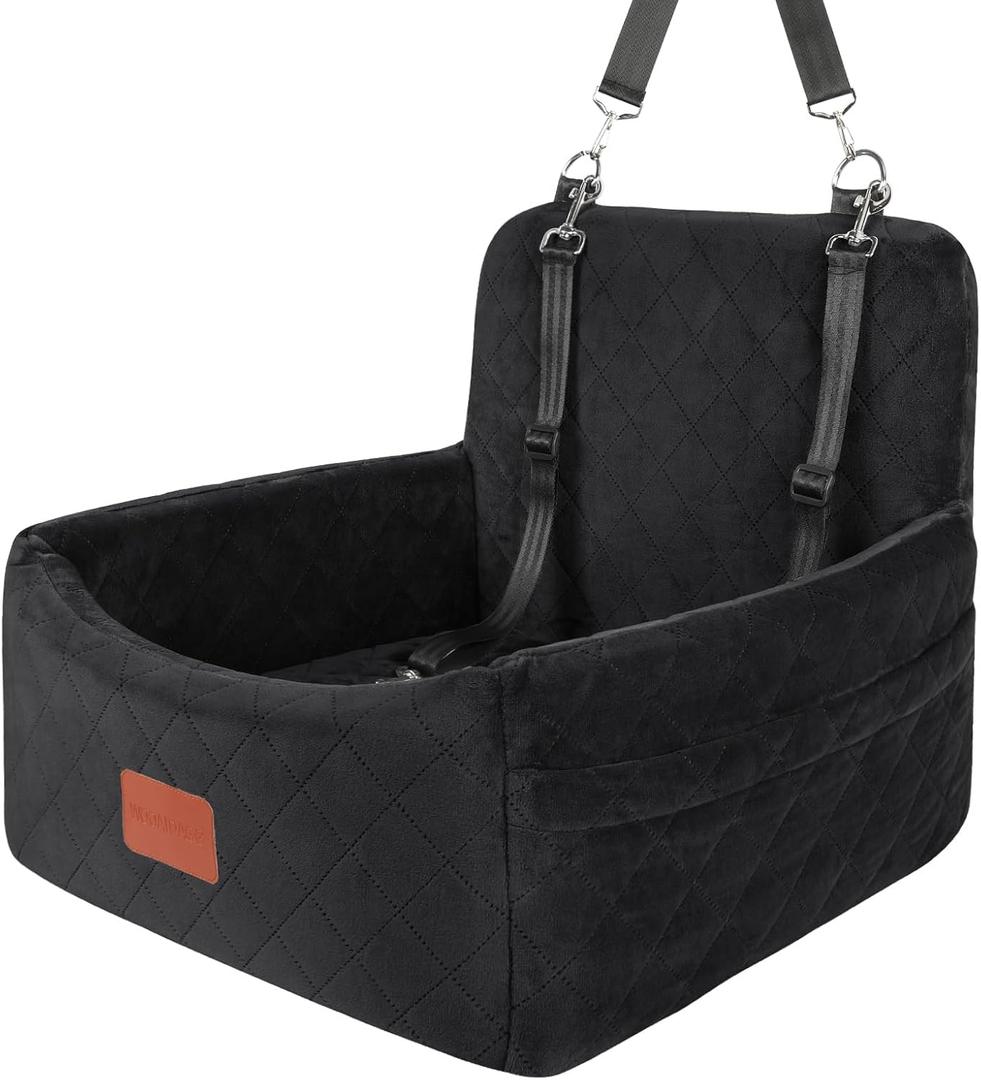 Dog Car Seat for Small Dogs Under 25 lbs, Washable Pet Travel Bed with Memory Foam, Detachable Cover, Storage Pockets & Safety Leash, Non-Slip Bottom, (Black)