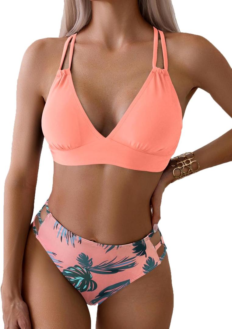 Fanuerg Women's Sexy V Neck Bikini Sets Hollow Out Two Piece Swimsuits Cutout Mid Waist Bathing Suit Coral Pink Floral S