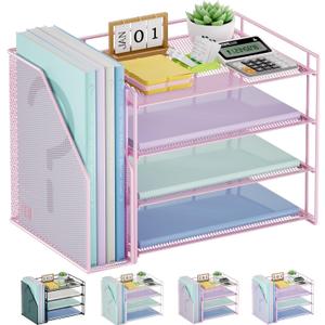 Marbrasse Desk Organizer and Accessories4-Tier Paper Letter Tray Organizer with File HolderDesk Accessories & Workspace Desktop Organizers for School Home Office Supplies (Pink)