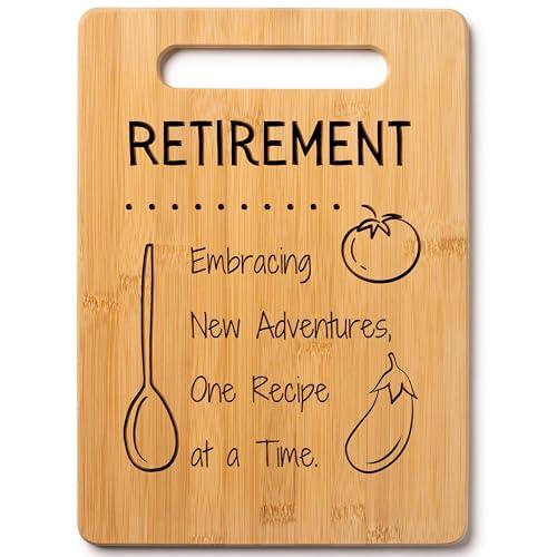 Retirement Gift - Embracing New Adventures, One Recipe at a Time. Decorative Bamboo Cutting Board with Handle, 12" x 8"