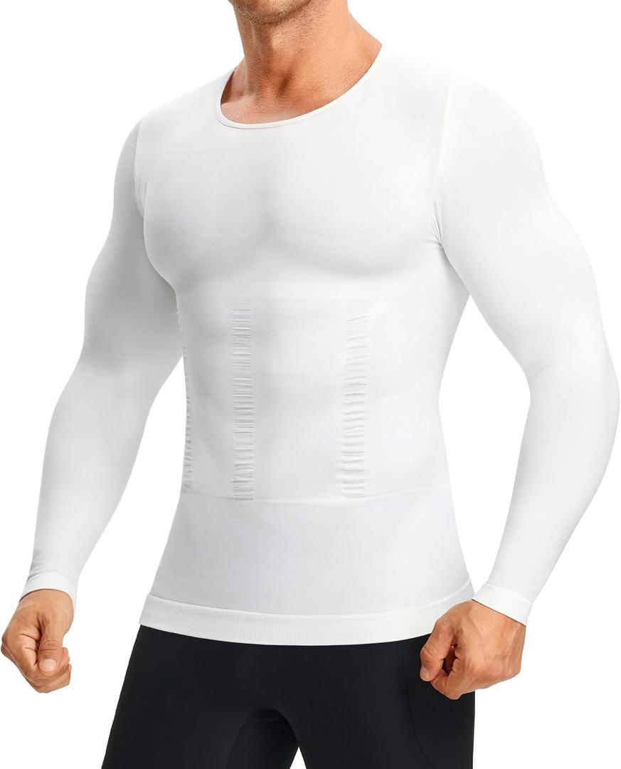 Nebility Shapewear Men Compression Shirt - Long Sleeve White Undershirt Tummy Control Body Shaper Slimming Tank Top Workout Baselayer（White, Small） (White)