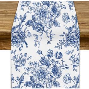 Floral Table Runner,Blue Flower Table Decoration Chinoiserie Dinner Table Decoration for Home Living Room Kitchen Dining Room Party Indoor Outdoor 13x70in