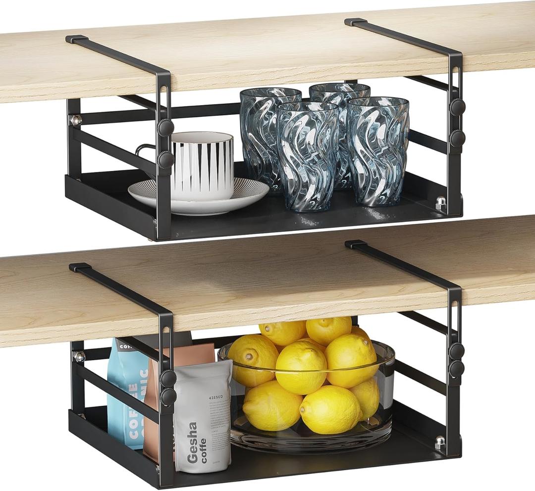 HENGI 2 Pack Adjustable Under Shelf Storage, Heavy Duty Metal Basket Organizer for Kitchen Cupboard Cabinet Pantry Laundry Desk Bookshelf, Black