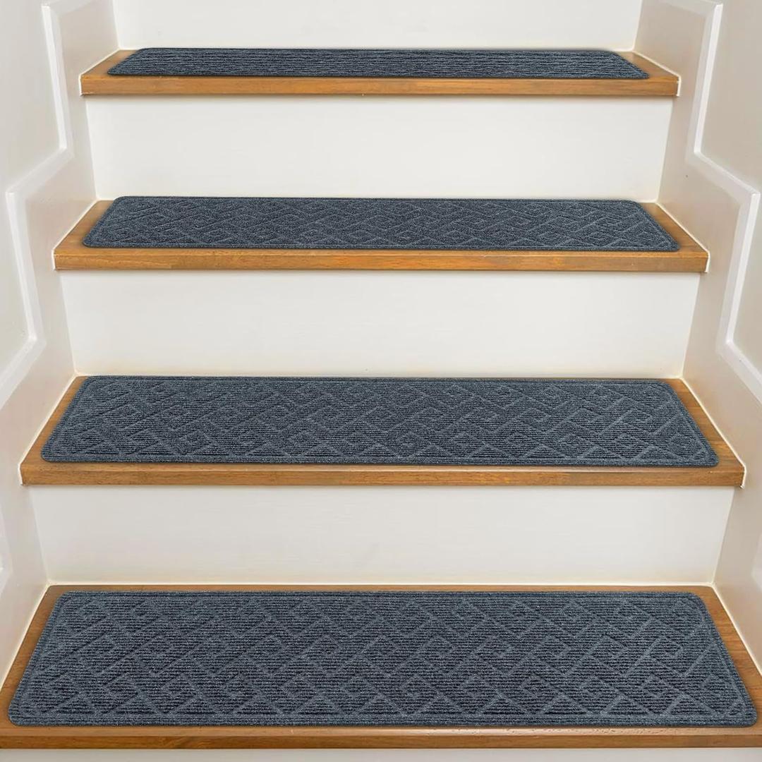 Stair Treads for Wooden Steps Indoor, 15 Pack 8" X 30" Non Slip Carpet Stair Treads with Reusable Adhesive for Kids Elders and Dogs, Surface Polyester TPR Backing Stair Rugs (Dark Grey-n)