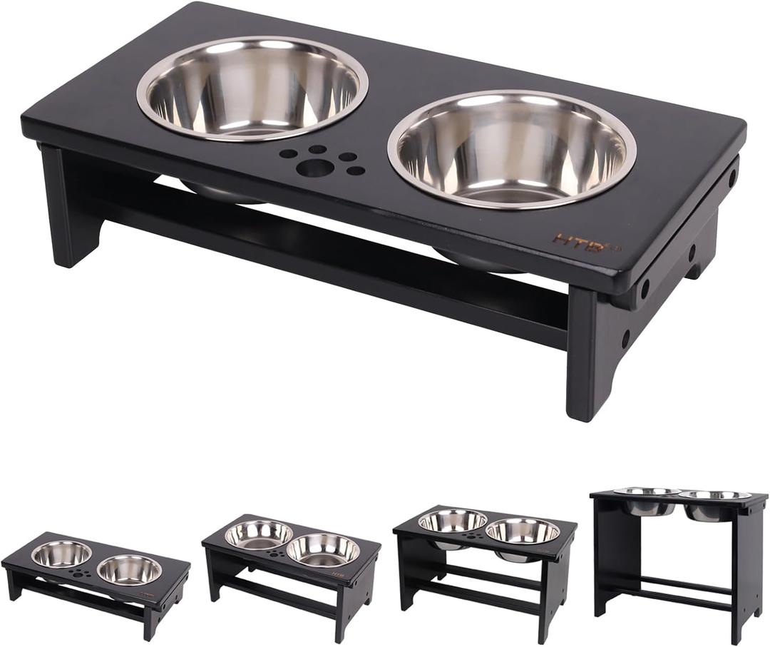HTB Elevated Dog Bowls, Raised Dog Bowl Stand with 2 Stainless Steel Bowls, Elevated Raised Dog Bowls for Large Medium Small Sized Dogs- Black Small