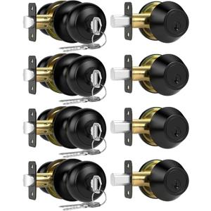 4 Pack Exterior Door Lock Set, Keyed Alike Entry Door Knob and Single Cylinder Deadbolt Lock Combo Set, Matte Black Door Knobs with Lock and Keys, Locksets for Front,Entrance,Back,Garage Door