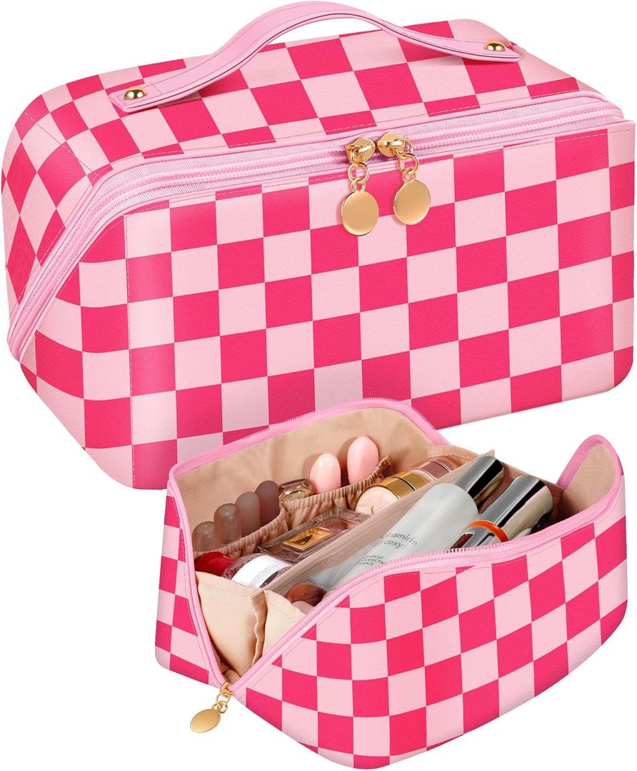 Bistup Makeup Bag Travel Cosmetic Bag Toiletry Make Up Bags Cute Women Large Capacity Big Medium Leather Checkered Plaid Hotpink Aesthetic Girl Teen Teenage Foldable Expandable Open Flat Zip