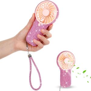 Mudder Rhinestone Handheld Fan Crystal Bling Mini Personal Bride Fan Glitter Bedazzled USB Rechargeable & Battery Operated for Women Outdoor Wedding Travel Indoor Makeup Office(Pink)