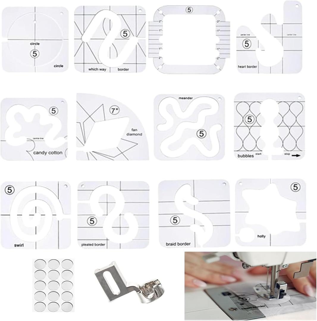 Free Motion Quilting Template,14pcs Free Motion Quilting Template Rulers Set with 11 Quilting Templates,Quilting Frame,High Shank Ruler Foot and Quilting Stickers