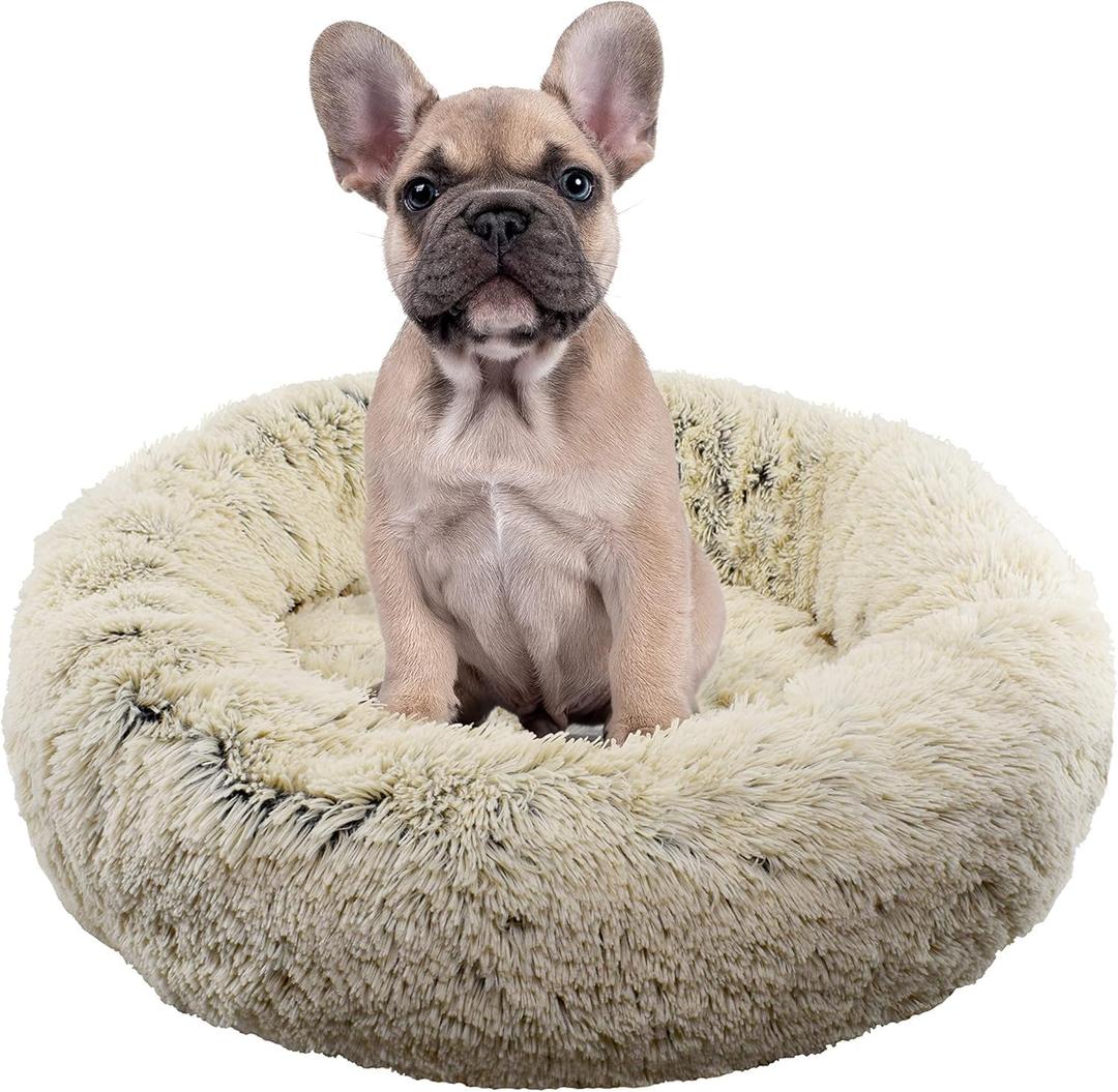 FuzzBall Fluffy Luxe Pet Bed, Calming Donut Cuddler  Machine Washable, Waterproof Base, Anti-Slip (for Small Dogs and Cats up to 25lbs) (Grey-Beige)