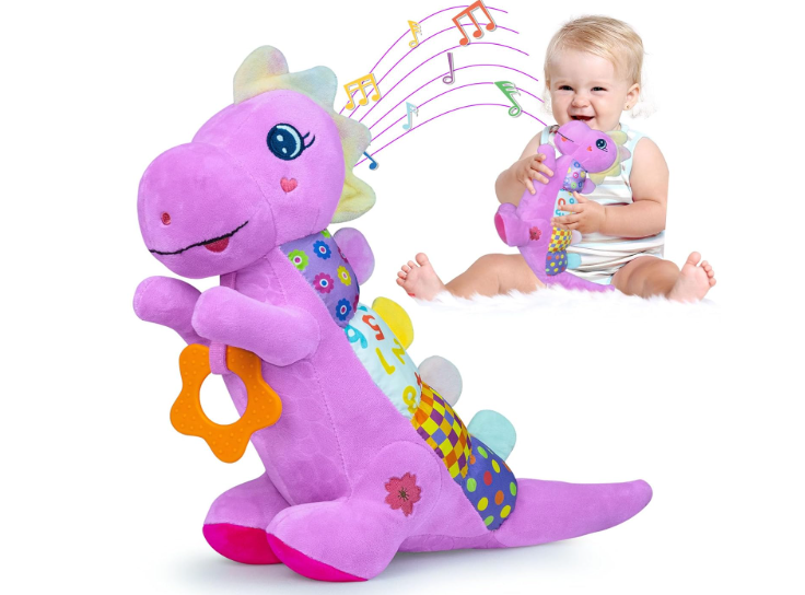Baby Dino Musical Stuffed Animal Toys for 0-3-6-9-12 MonthsInfant Dinosaur Tummy Time Toys with Crinkle Sound PaperTeetherTextures & Rattles for Newborn Boys Girls Birthday GiftsPurple