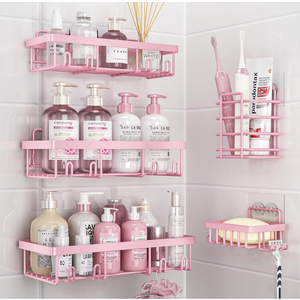 5 Pack Shower Caddy Organizer Rack Shelf for Inside Shower, Adhesive Bathroom Wall Storage Basket Rustproof Stainless Steel Shampoo Holder, Girly Bathroom Accessory Decor Set, Pink