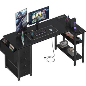 Lufeiya L Shaped Computer Desk with Drawers & Storage Shelves, 55 Inch Corner Desk with Power Outlet for Home Office Bedroom, L-Shaped Teen PC Gaming Desks with Fabric Drawer