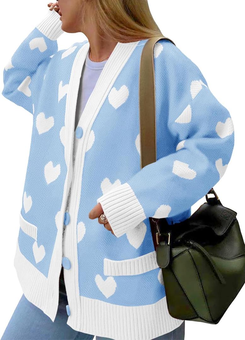 Saodimallsu Womens Oversized Heart Cardigan Color Block V Neck Button Long Sleeve Chunky Valentines Sweaters (Blue, L)