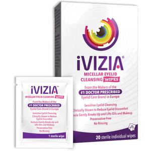 iVIZIA Eyelid Cleansing Wipes for Sensitive Eyelid Cleansing, Preservative-Free, Micellar, No Rinse, Gentle Eye Makeup Remover, 20 Sterile Single-Use Wipes for Eyelids Packaging May Vary