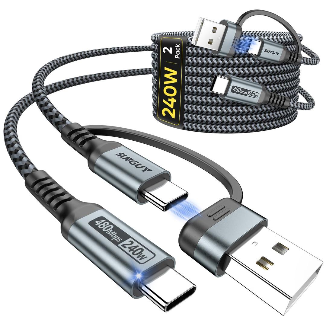 SUNGUY 240W USB-C Charge Cable 1m/3.3ft, 2-Pack USB Type C to Type C Fast Charging Braided Cord for iPhone 16 15 Pro Max Plus, Galaxy S24/S23/S22 Heavy Duty USB C Charger Cable