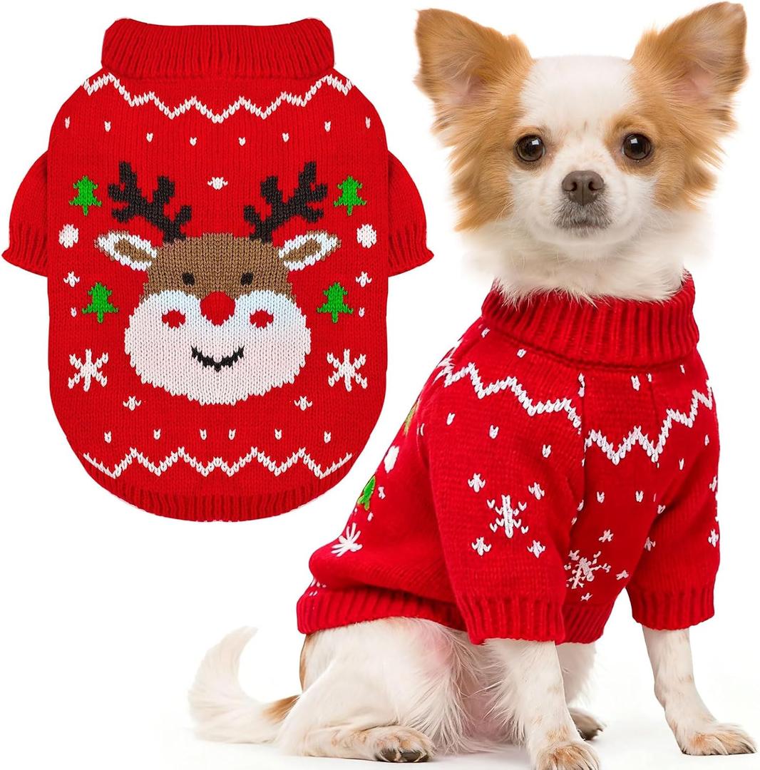 Dog Christmas Sweater Soft Warm Fall Winter Cat Clothes Puppy Sweater for Small Dogs Cute Xmas Reindeer Doggie Outfit Cat Sweaters with Sleeves Pet Holiday Costume Chihuahua Apparel(Red,L)