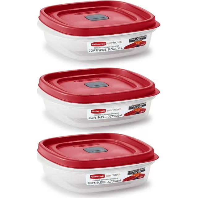 Rubbermaid Easy Find Lids 3-Cup Food Storage Containers with Red Vented Lids (Pack of 3 Containers)