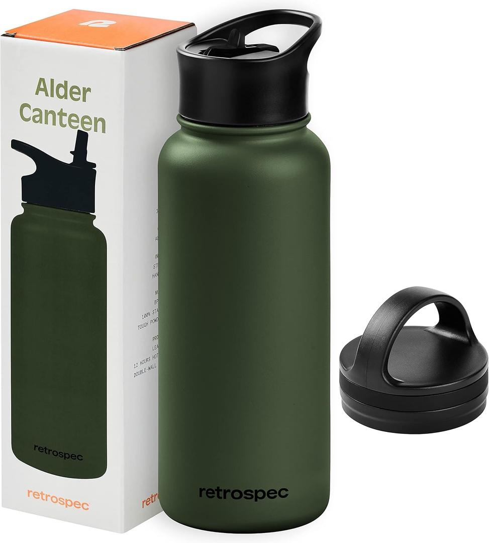 Retrospec Alder Insulated Water Bottle with Straw Lid & Handle Cap - Stainless Steel Wide Mouth Double-Wall Vacuum Insulated Thermos - BPA Free Leakproof Canteen (Olive Drab)