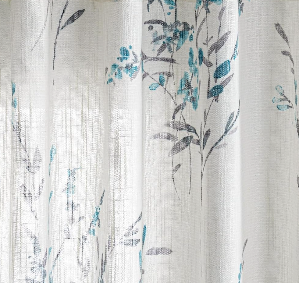 MYSKY HOME Sheer Curtains 63 Inch Length 2 Panels for Bedroom Floral Natural Linen Blended Curtains Light Filtering Privacy Protect Farmhouse Pattern Drapes Window Treatment for Living Room, Teal