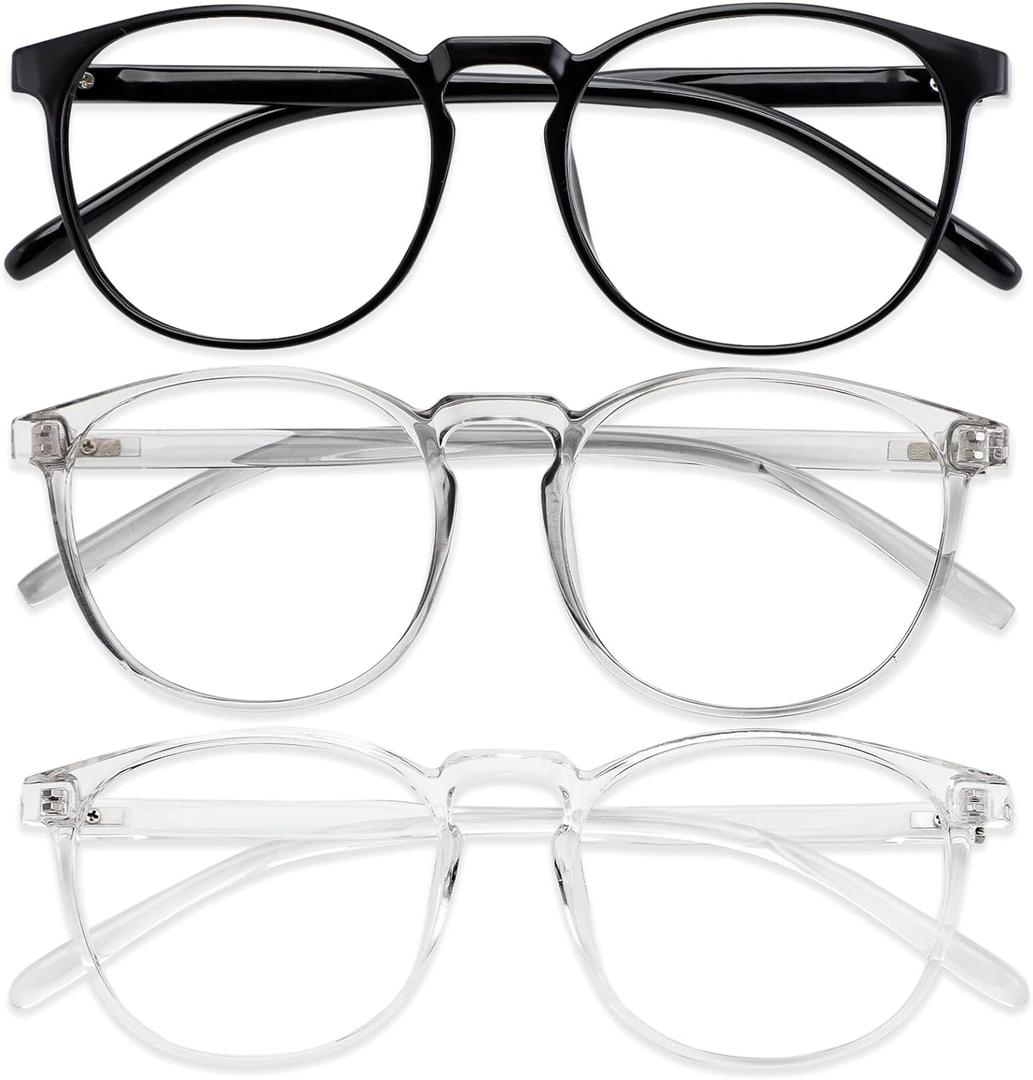 Przene 3 Pack Blue Light Blocking Glasses Women/Men,Retro Round Computer Glasses Anti Eye Strain/UV/Glare, Gaming Glasses. (Black/Crystal/Grey)
