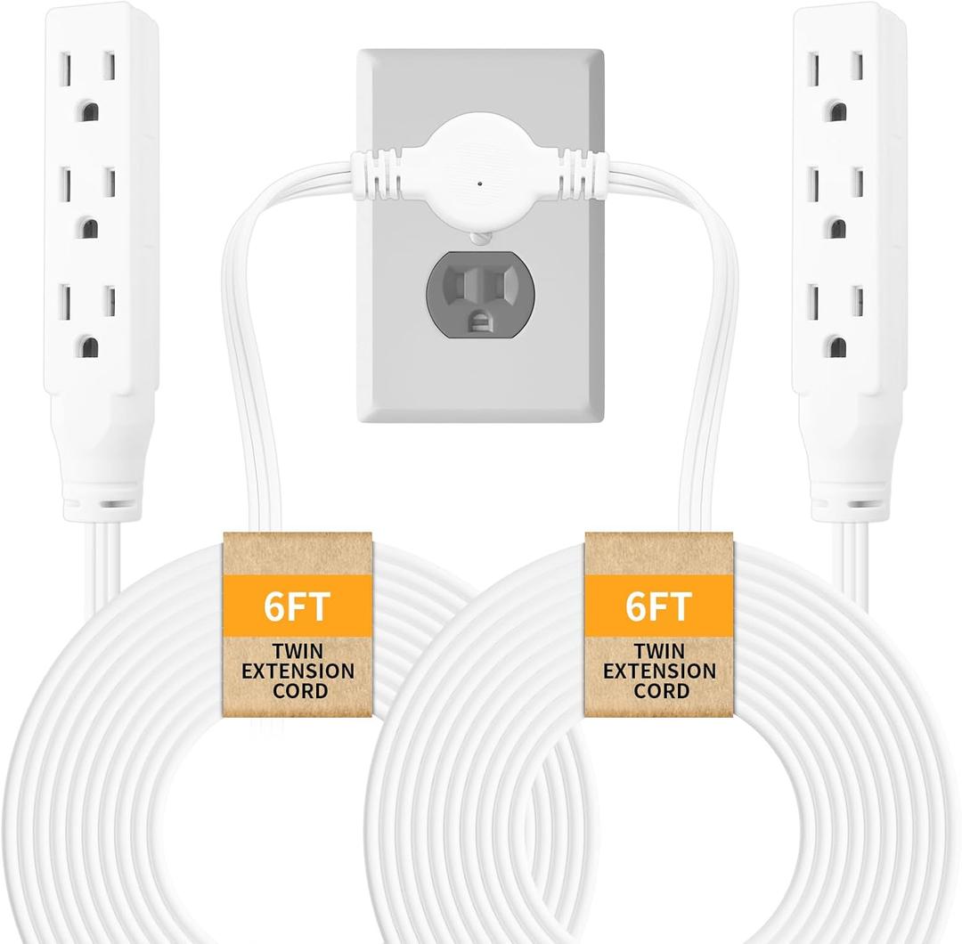Twin Extension-Cord Power Strip - 12 ft - Flat Wall Plug - 3 Prong Split Extension Cord with 6 Outlets - Double Power Strip for Behind Bed, Couch, Nightstands, Vanity, Furniture (White)