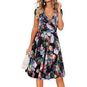 Oxiuly Women's Cap Sleeve Summer Casual Dresses V-Neck Floral Vacation Party Dress OX233