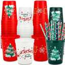24 Pack Christmas Party Cups - 16oz Red, Green & White Stadium Cups with 24 Paper Straws, Festive Designs for Holiday Celebrations