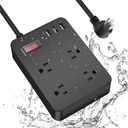 Outdoor Power Strip Weatherproof,Waterproof Surge Protector with 4 Outlets,3 USB,Shockproof Overload Protection, Multi Outlet Extension for Camping, Garden, Kitchen, Bathroom, 6ft Cord,with Flat Plug (Black)