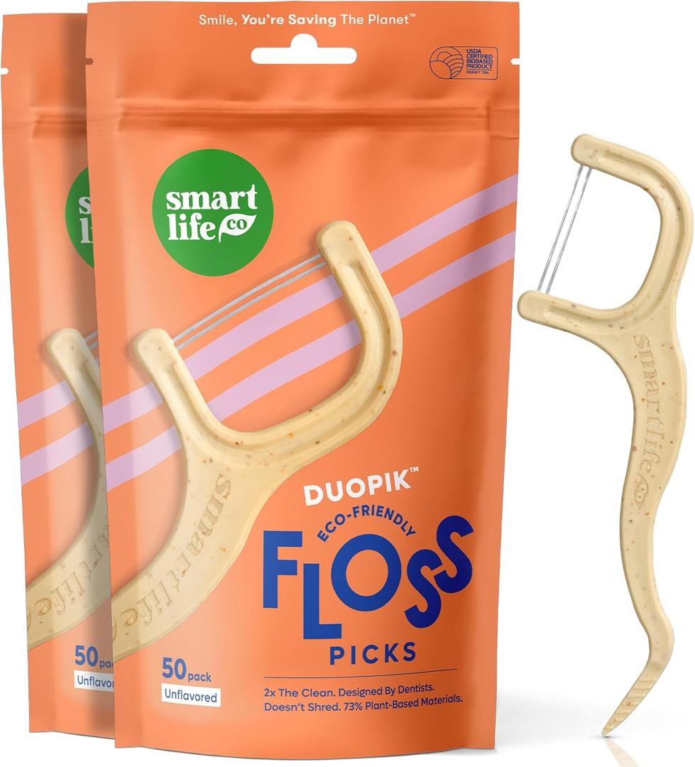 SmartLifeco Eco-Friendly Dual-Thread Dental Floss Picks (100ct) - Flossers Made with Straw Wheat Blend, Superior Anti-Shred for Tight Gaps, Tooth Pick Stick for Adults, Soft on Gum & Teeth, Unflavored