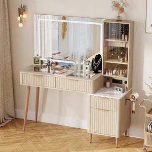 Fluted Makeup Vanity Desk with  Mirror and 3 Modes Lights, Glass Top Dressing Table with Jewelry Organizer Cabinet, Storage Cabinet, Drawers, Charging Station for Bedroom, Oak