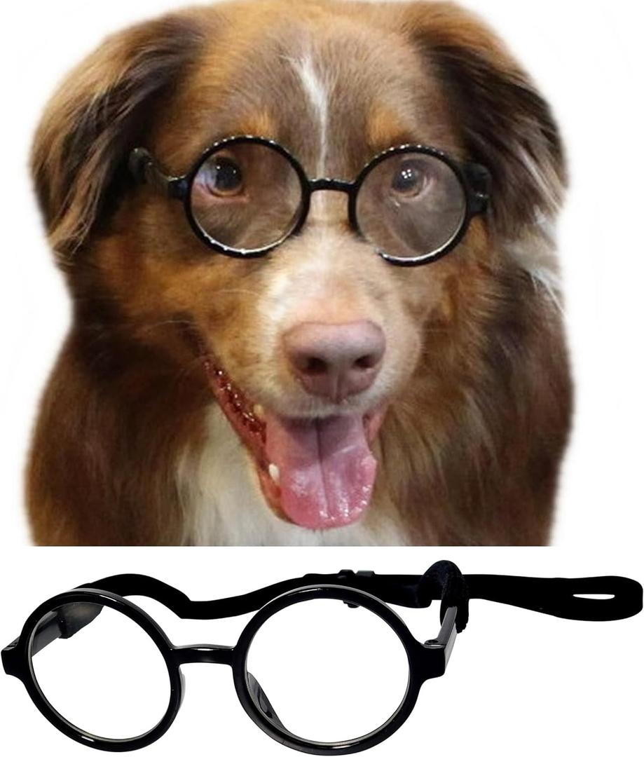 G003 Dog Pet Round Costume Prop Clear Lens Glasses Sunglasses Medium Breeds 18-40lbs (Black-Clear)