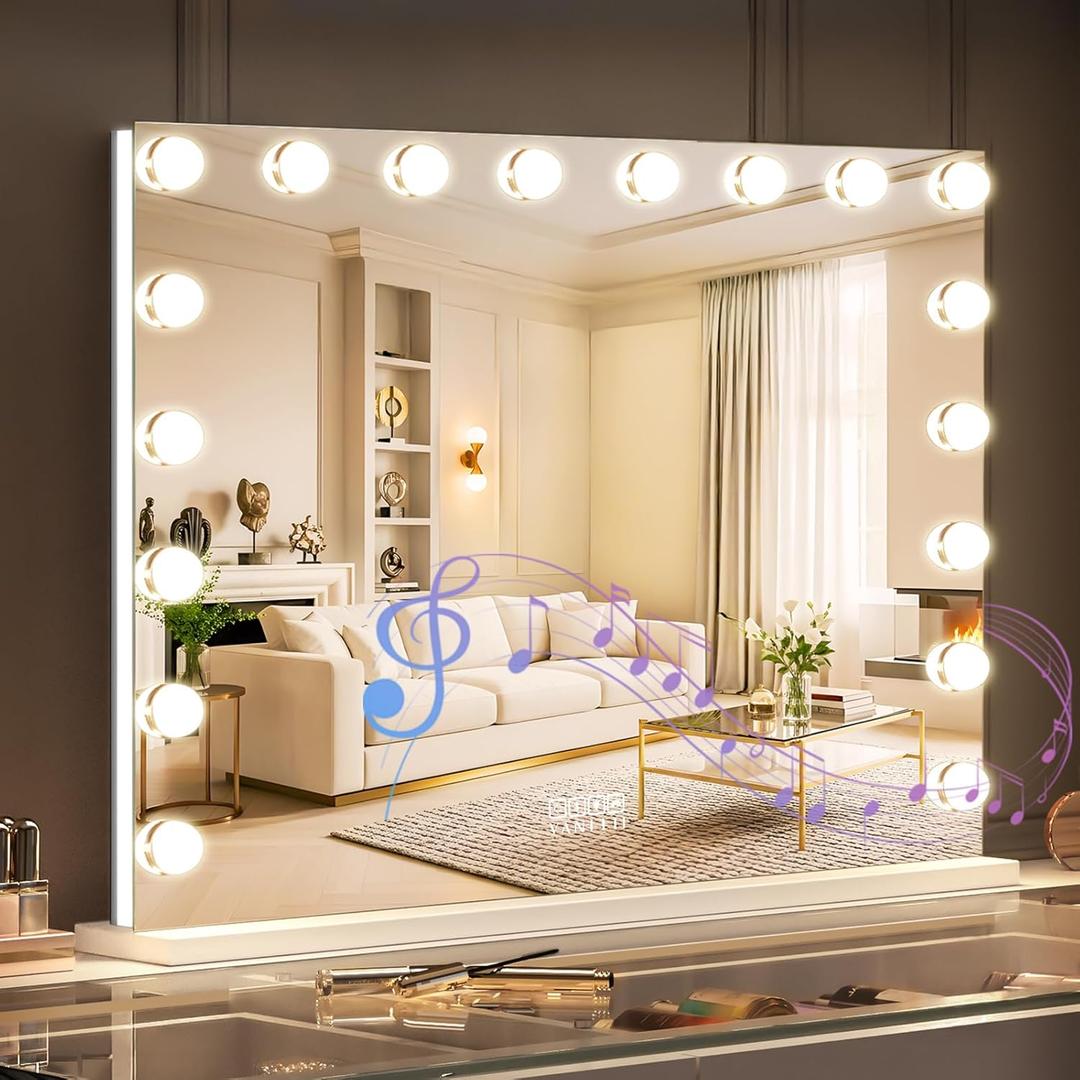 VANITII Hollywood Vanity Mirror with RGB Lights Tempered Glass Light Up Makeup Mirror with 18 Dimmable LED Bulbs 3 Color Lighting Modes Smart Touch 10X Magnification for Bedroom