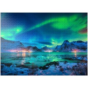 MyPuzzle Aurora Borealis Over Sea Coast, Lights At Night. Northern Lights On Lofoten Islands, Norway - Premium 1000 Piece Jigsaw Puzzle for Adults