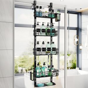 HapiRm 5 Tier Over the Door Shower Caddy, Hanging Shower Caddy with 28 Hooks and 2 Toothbrush Holders, No Drilling Adjustable Hanging Bathroom Organizer - Black