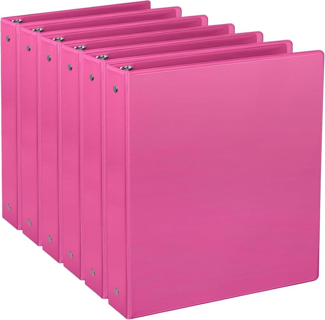 3 Ring Binders, Standard Round Ring Binder Fit Letter Size Paper, Presentation 1-Inch Binders, 6-Pack, Pink